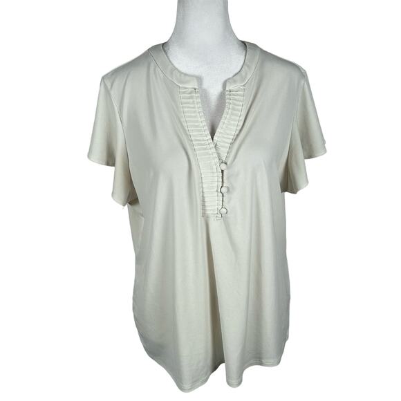 Adrianna Papell Off-White Short Sleeve Top Large Business Buttons Romantic - Picture 1 of 5